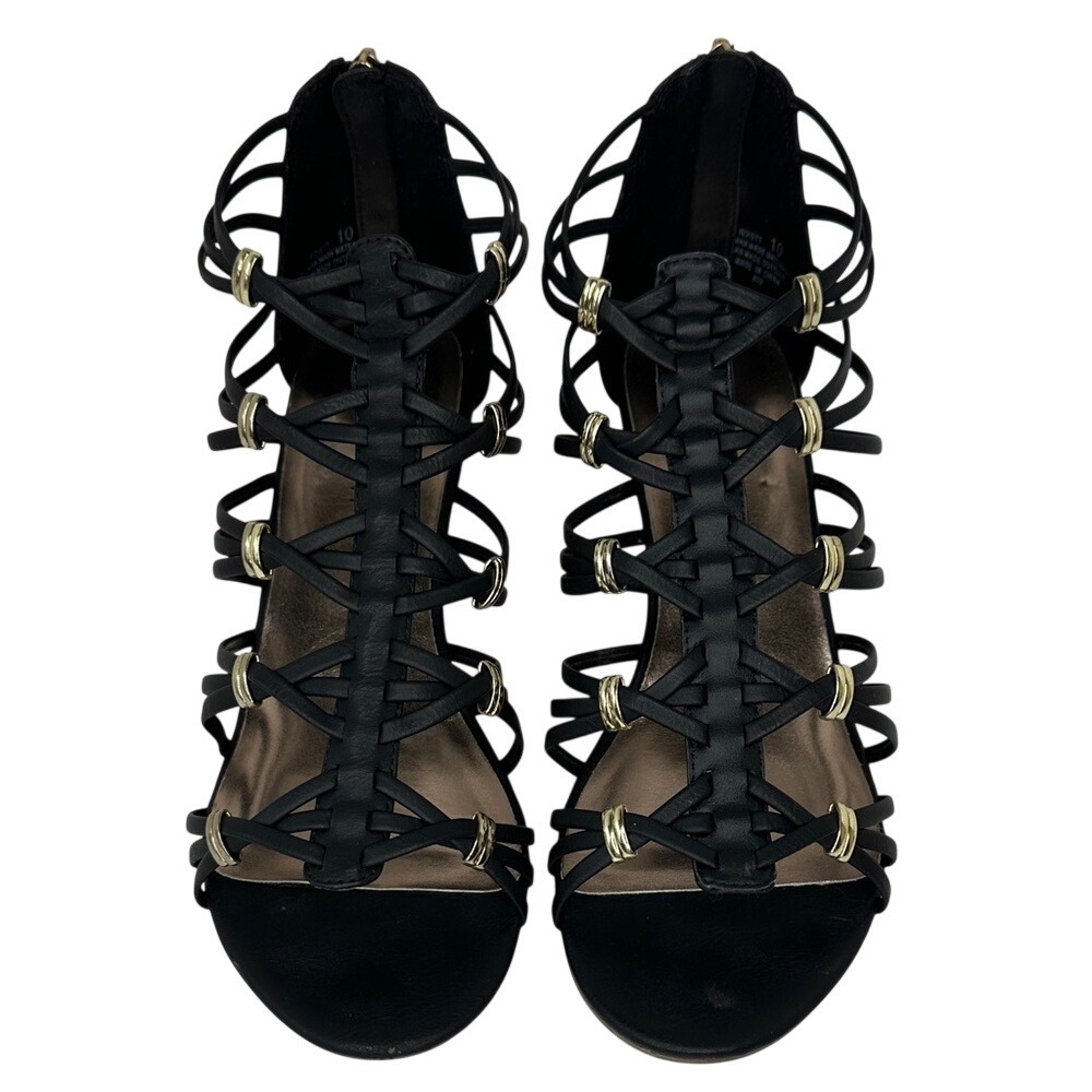 Madden Girl Wedge Heel Gladiator Sandals Women's Size 10 Black with Gold Accents